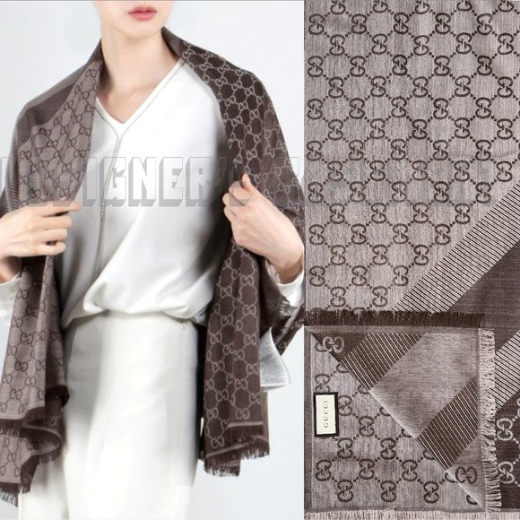 GUCCI brown & taupe GGWEB giant 55"- square wool & silk pashmina shawl scarf NWT - Picture 1 of 10